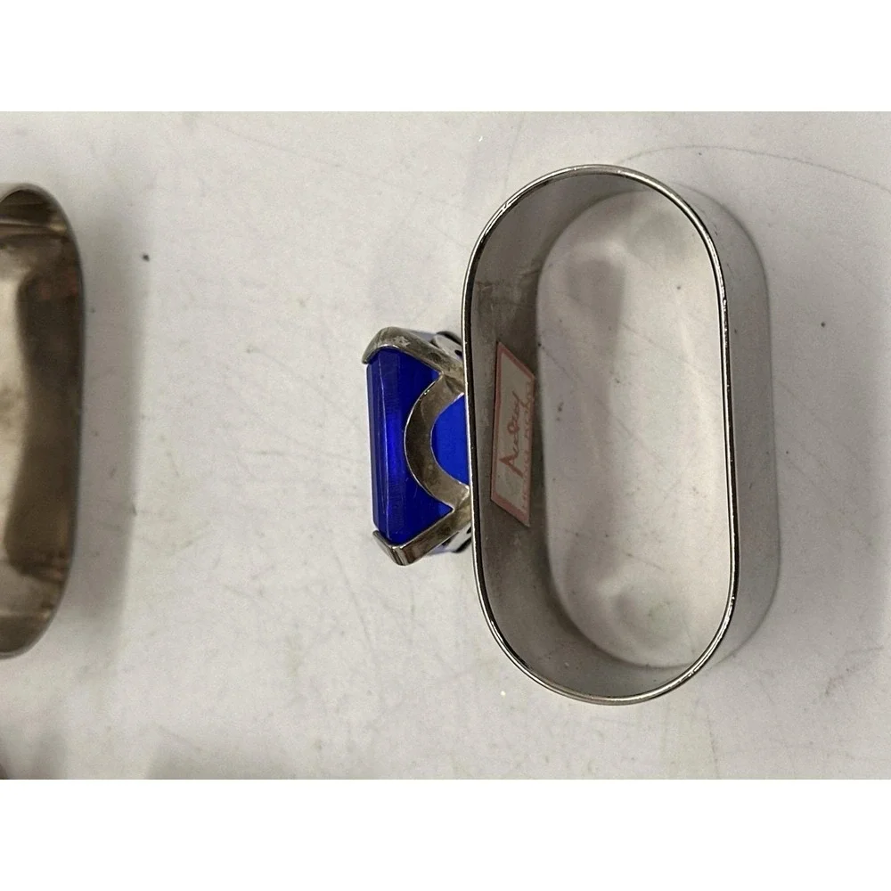 Set of 6 Vintage Audrey Hong Kong Blue Crystal Silverplate Napkin Rings